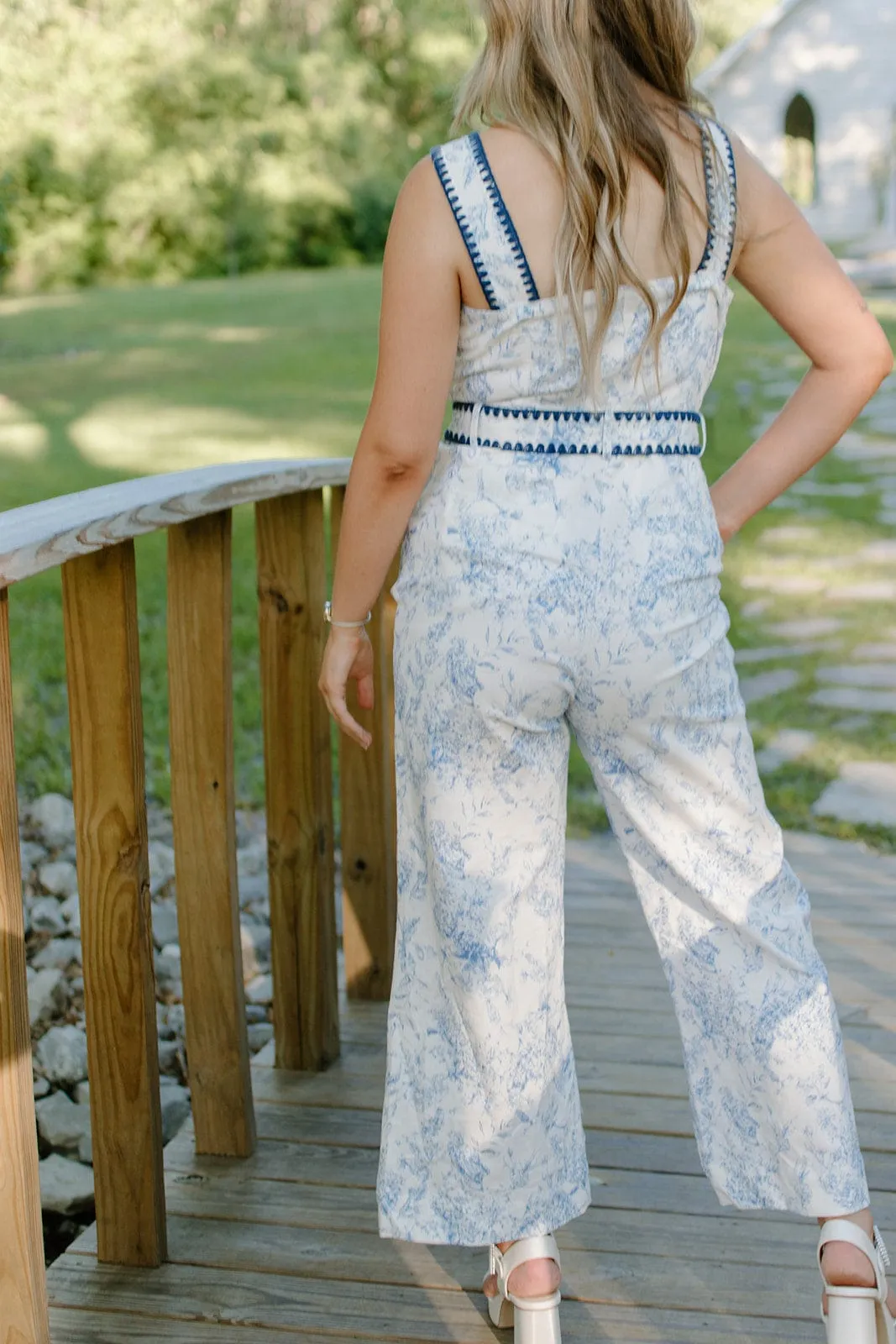 Blue Floral Belted Denim Jumpsuit