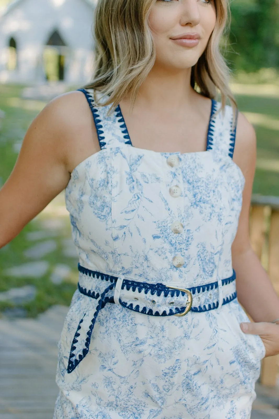 Blue Floral Belted Denim Jumpsuit