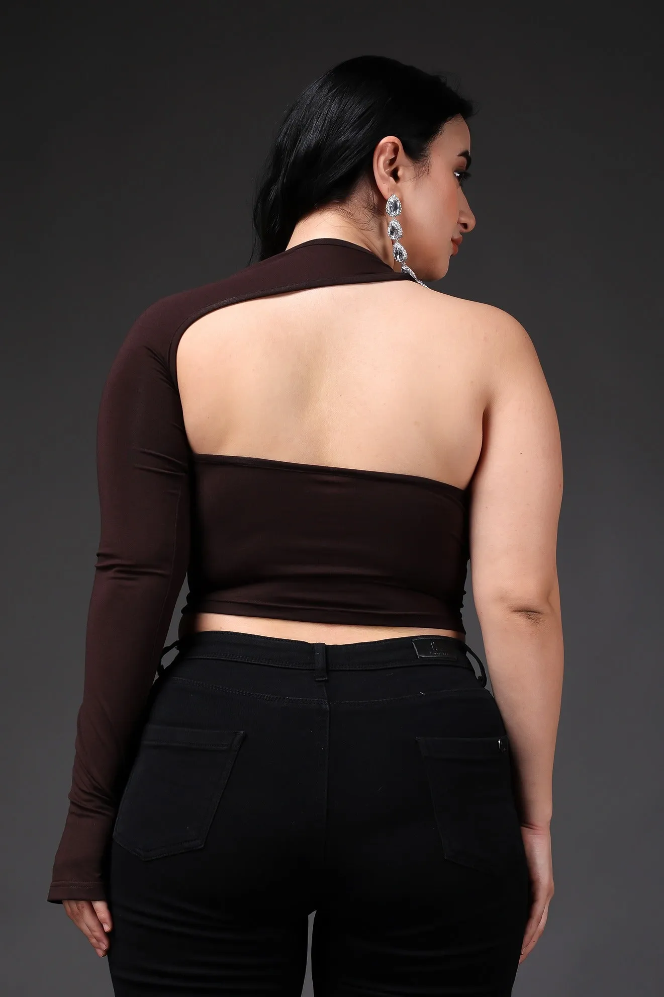 Brown Solid One Shoulder Crop Top