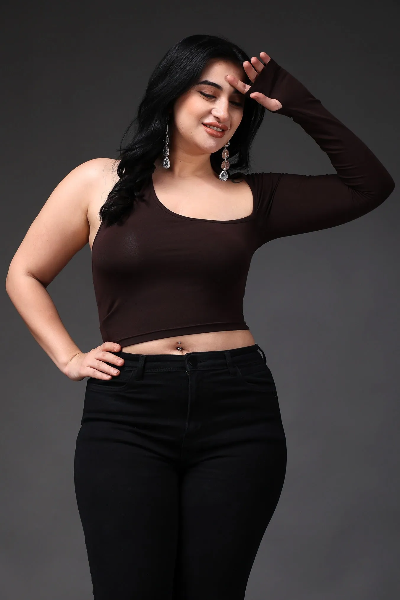 Brown Solid One Shoulder Crop Top