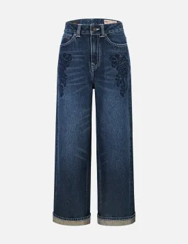 Butterfly and Seagull Embroidery Wide-leg Jeans