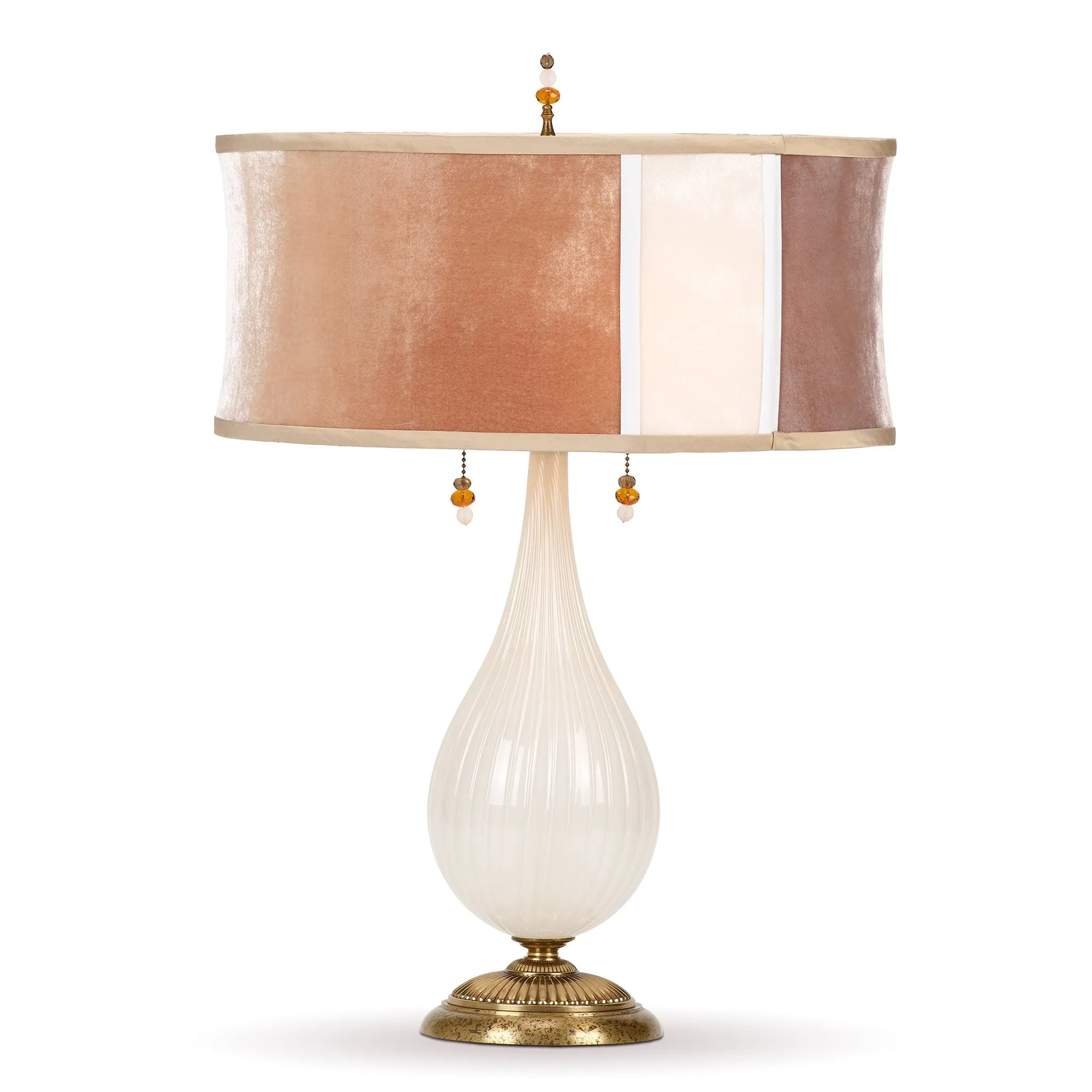 Cara Table Lamp 229AK175 Colors Opaque White Blown Glass Base Latte Coyote and White Kevin O'Brien Velvet Fabrics Shade by Kinzig Design  jpg