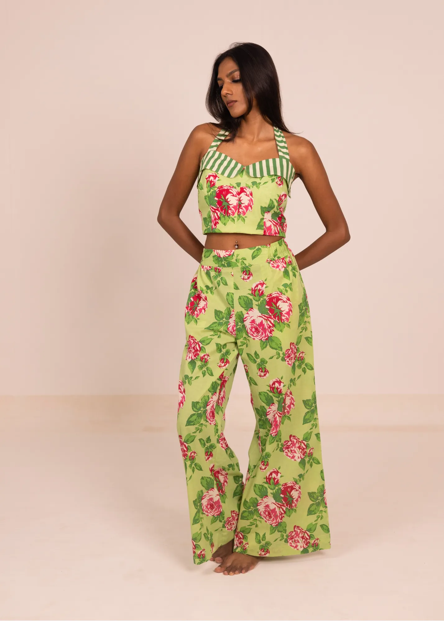 Chhaya Wide Leg Pant - Green Roses