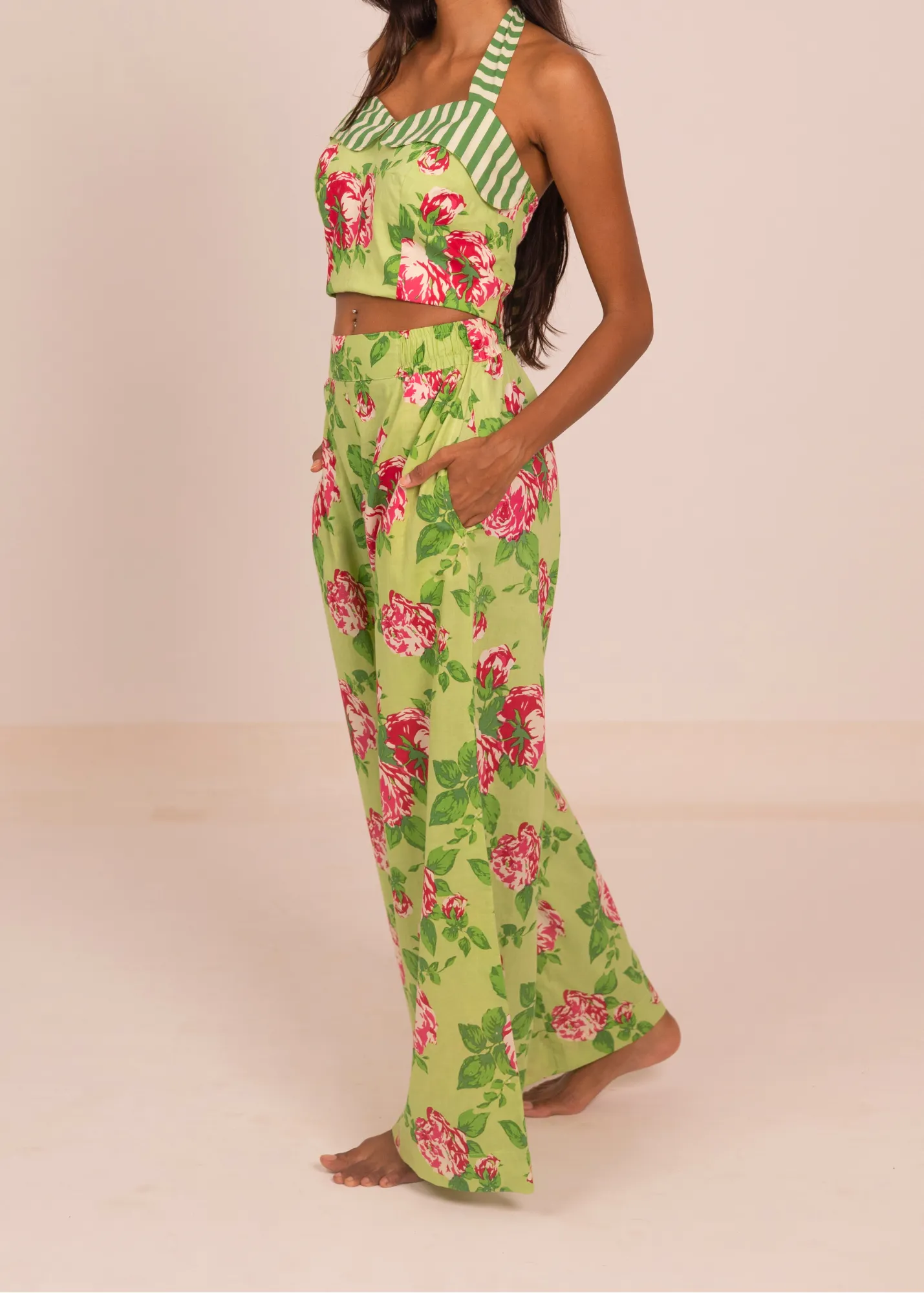 Chhaya Wide Leg Pant - Green Roses