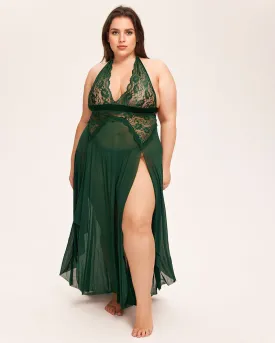 Deep V Neck Lace Mesh Dress-Dark Green