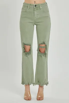 Distressed Straight Leg Olive Jeans