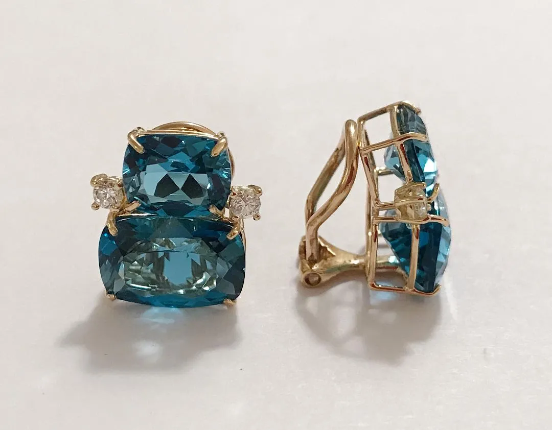 Double Cushion Blue Topaz Stone Diamond Yellow Gold Earrings