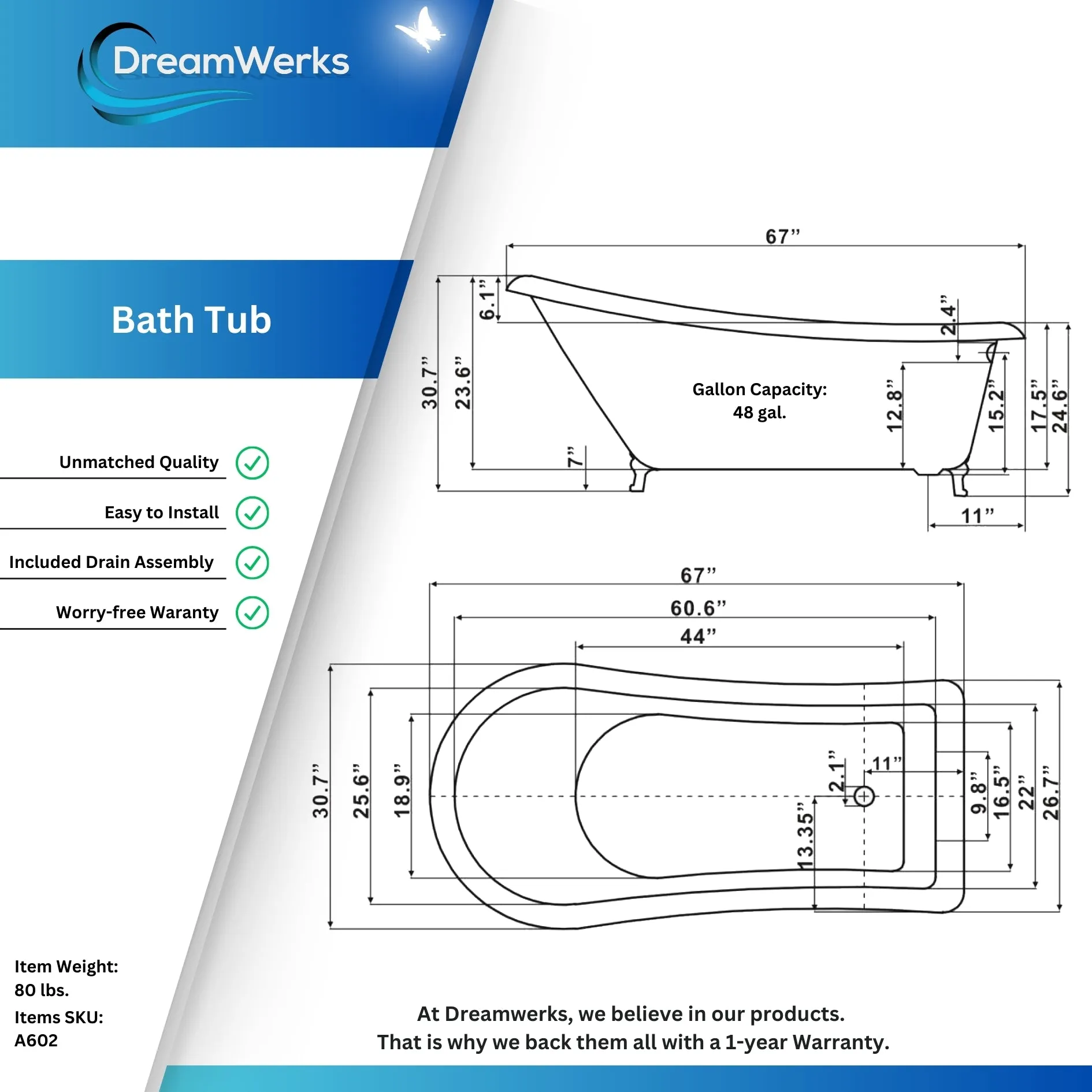 Dreamwerks 5.5 ft. Acrylic Claw Foot Oval Tub