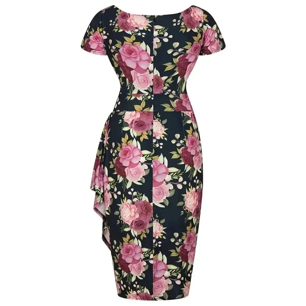 Elsie Dress - Pink Flowers on Navy