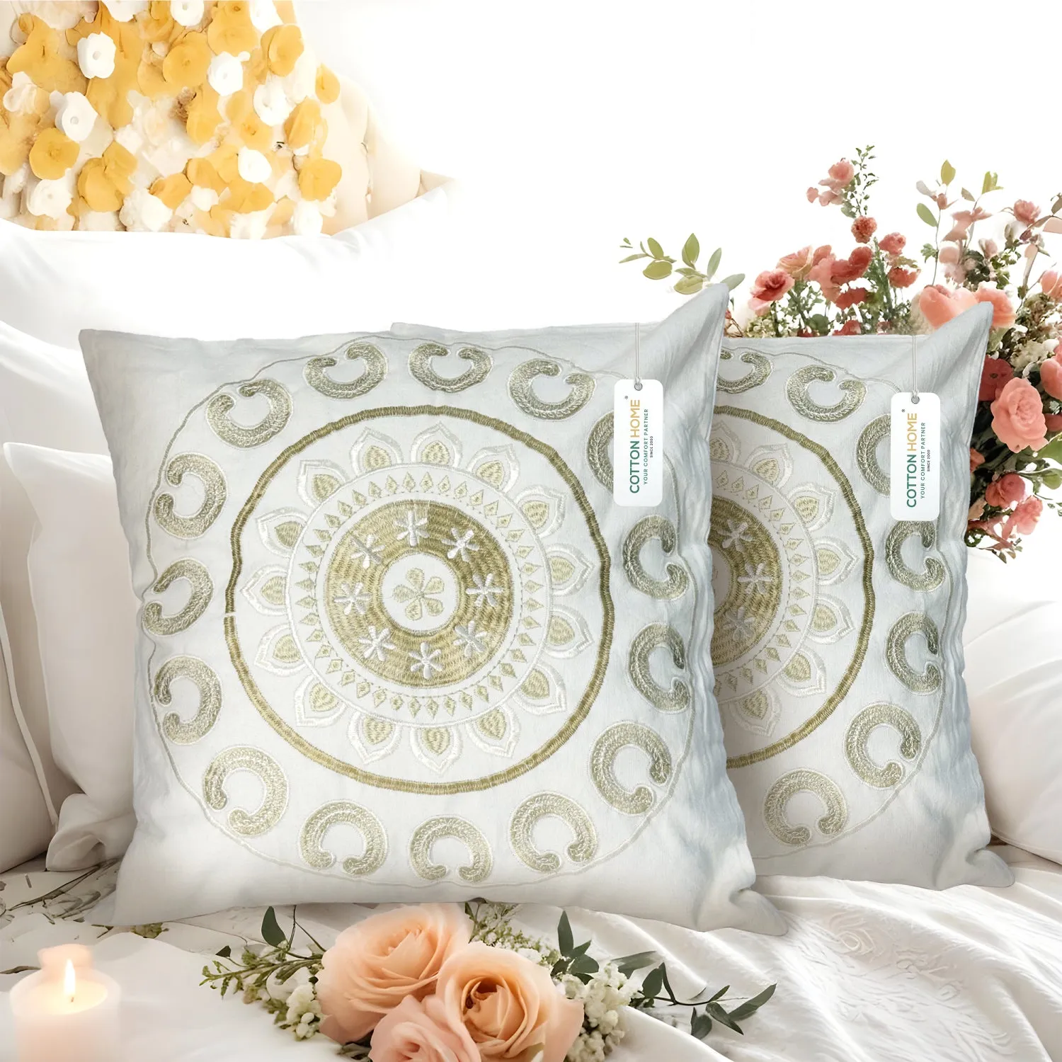 Embroidered Cushion - 100% Cotton Canvas, 45x45cm |  Ivory Floral Pattern | Cotton Home