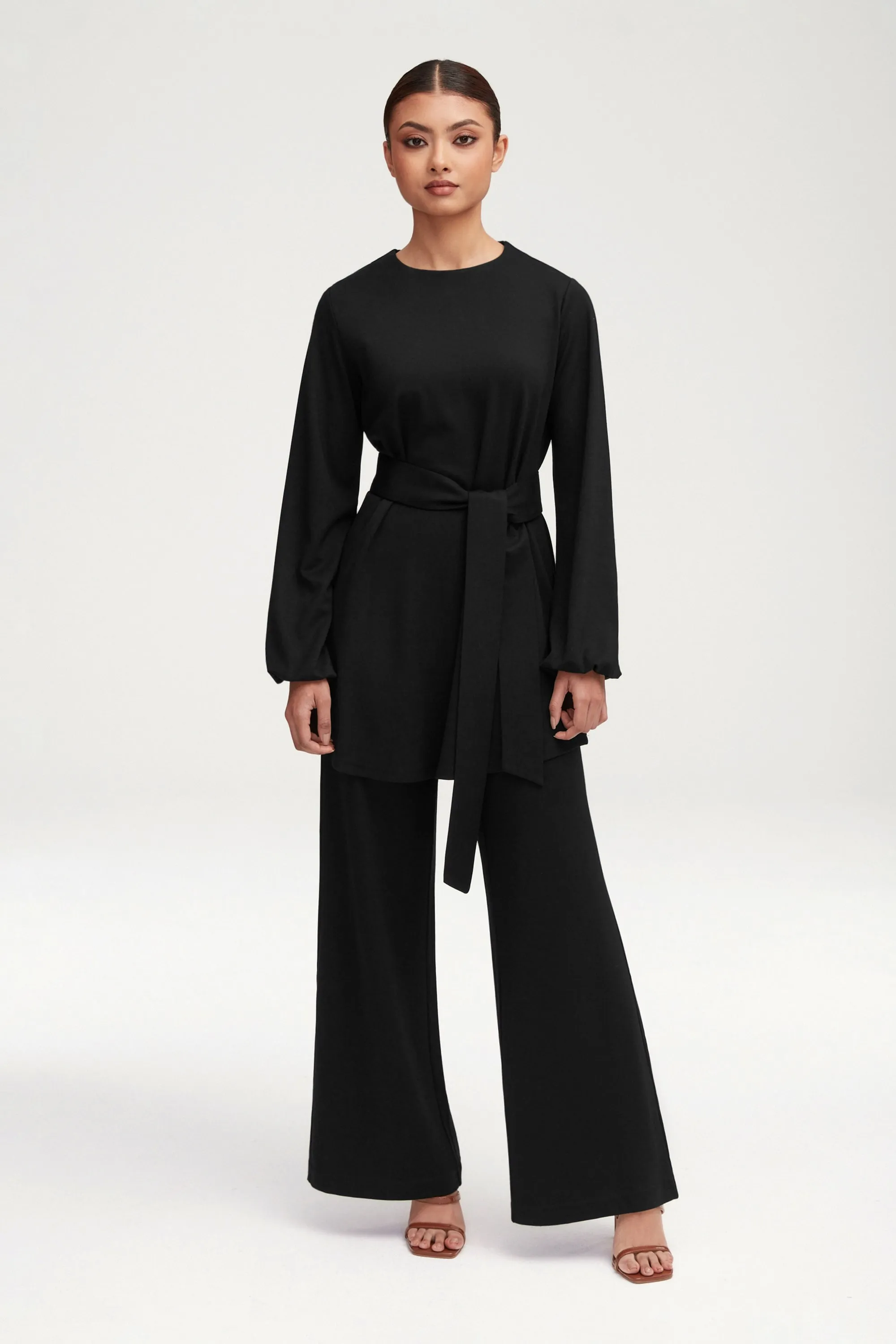 Fatima Everyday Wide Leg Jersey Pants - Black