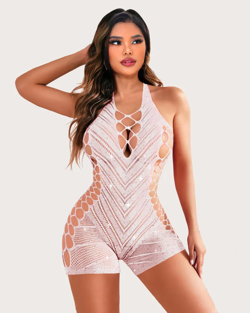 Fishnet Bodysuit Sparkle Rhinestone Cut Out Romper