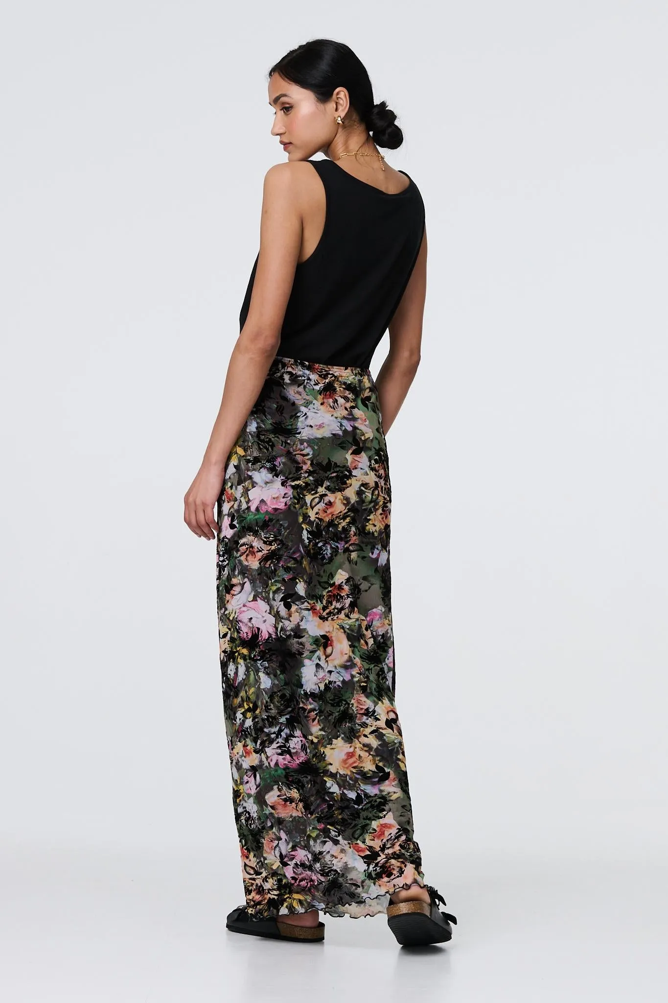 Floral Mesh High Waist Straight Maxi Skirt