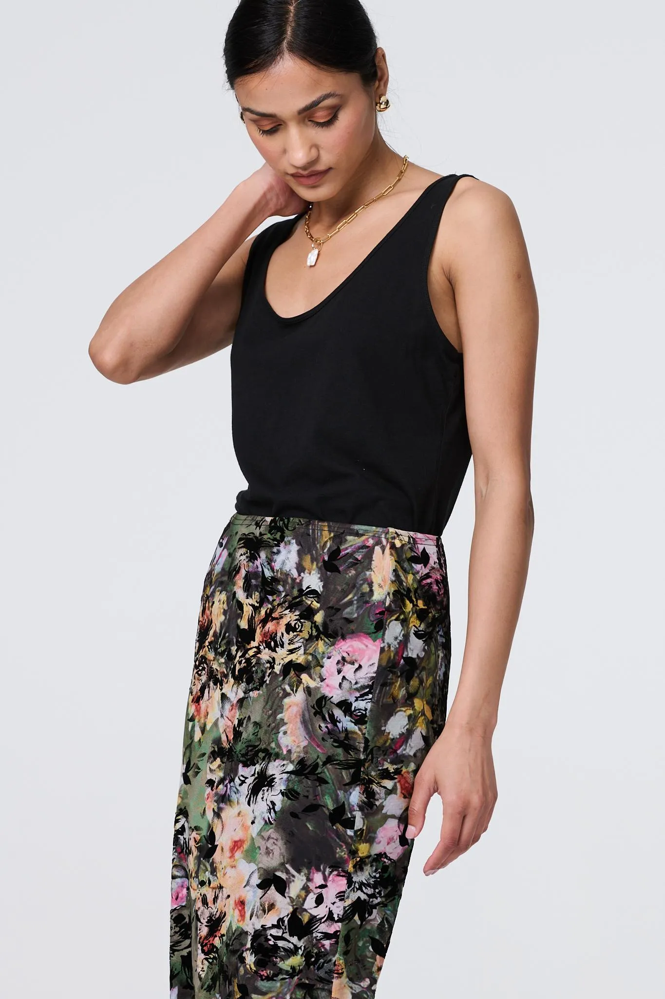 Floral Mesh High Waist Straight Maxi Skirt