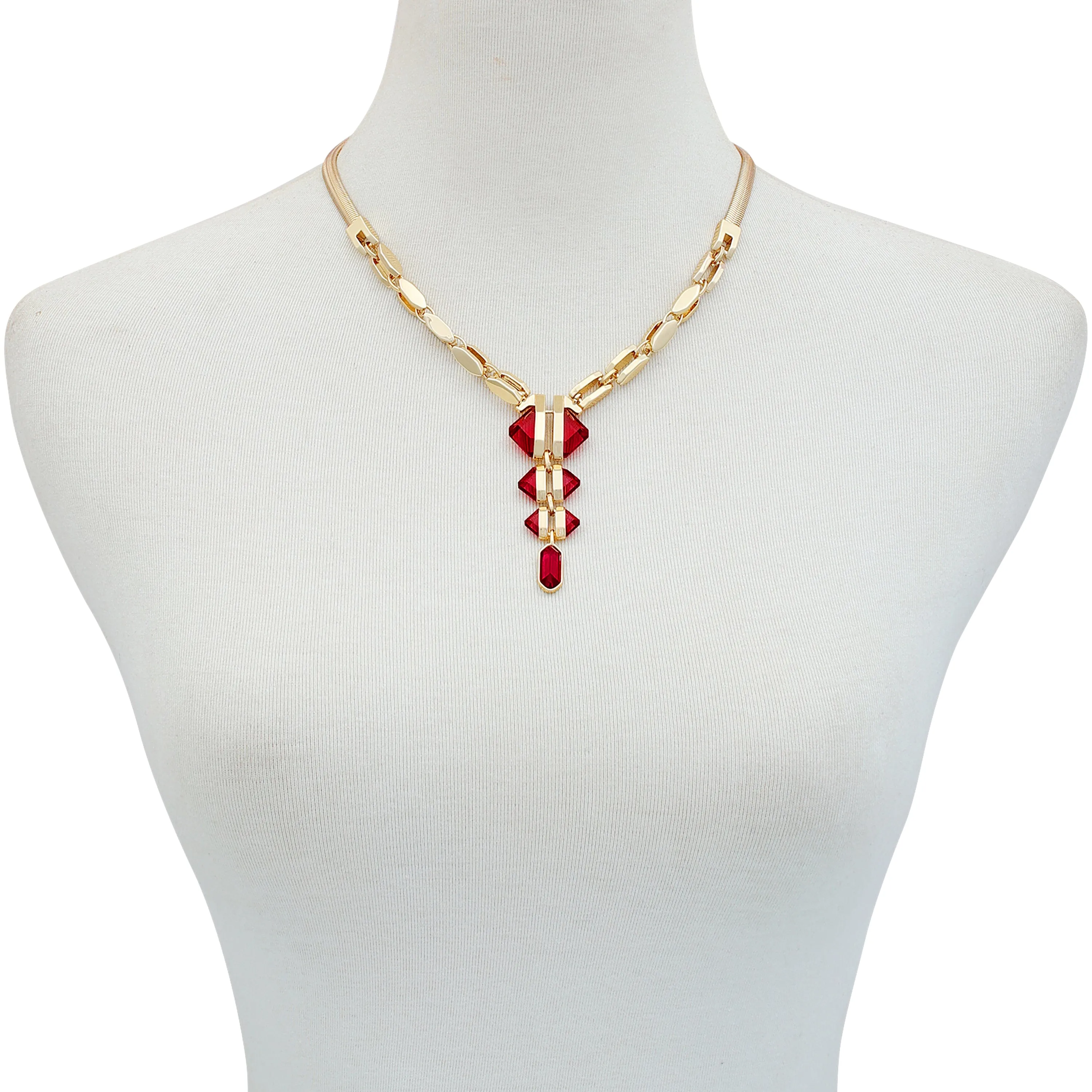 Goldtone Red Stone Pendant Statement Necklace