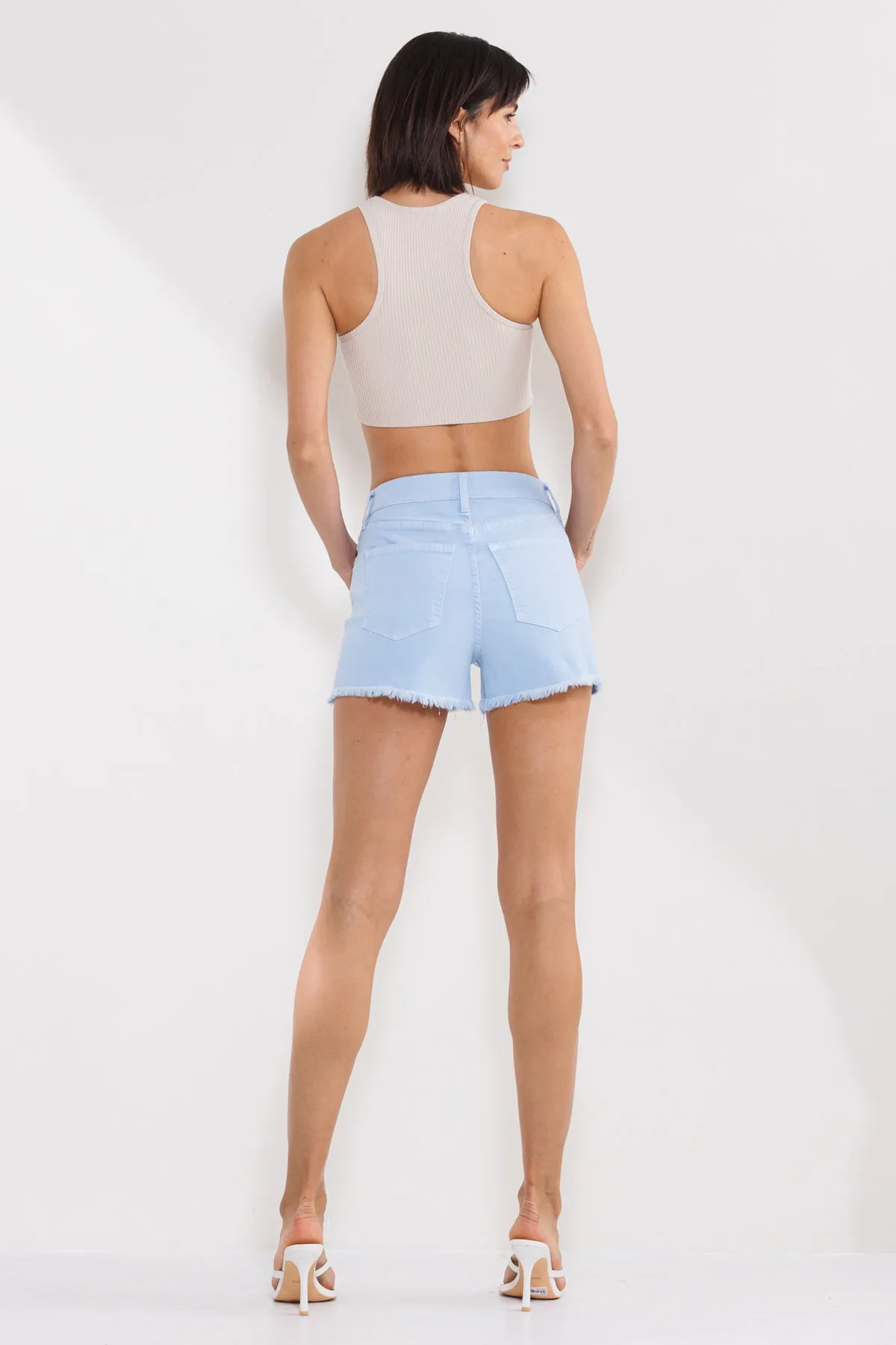 HIGH RISE 90'S SHORTS WITH FRAY HEM AND BUTTON DETAIL IN LIGHT BLUE / SP-S7471LB