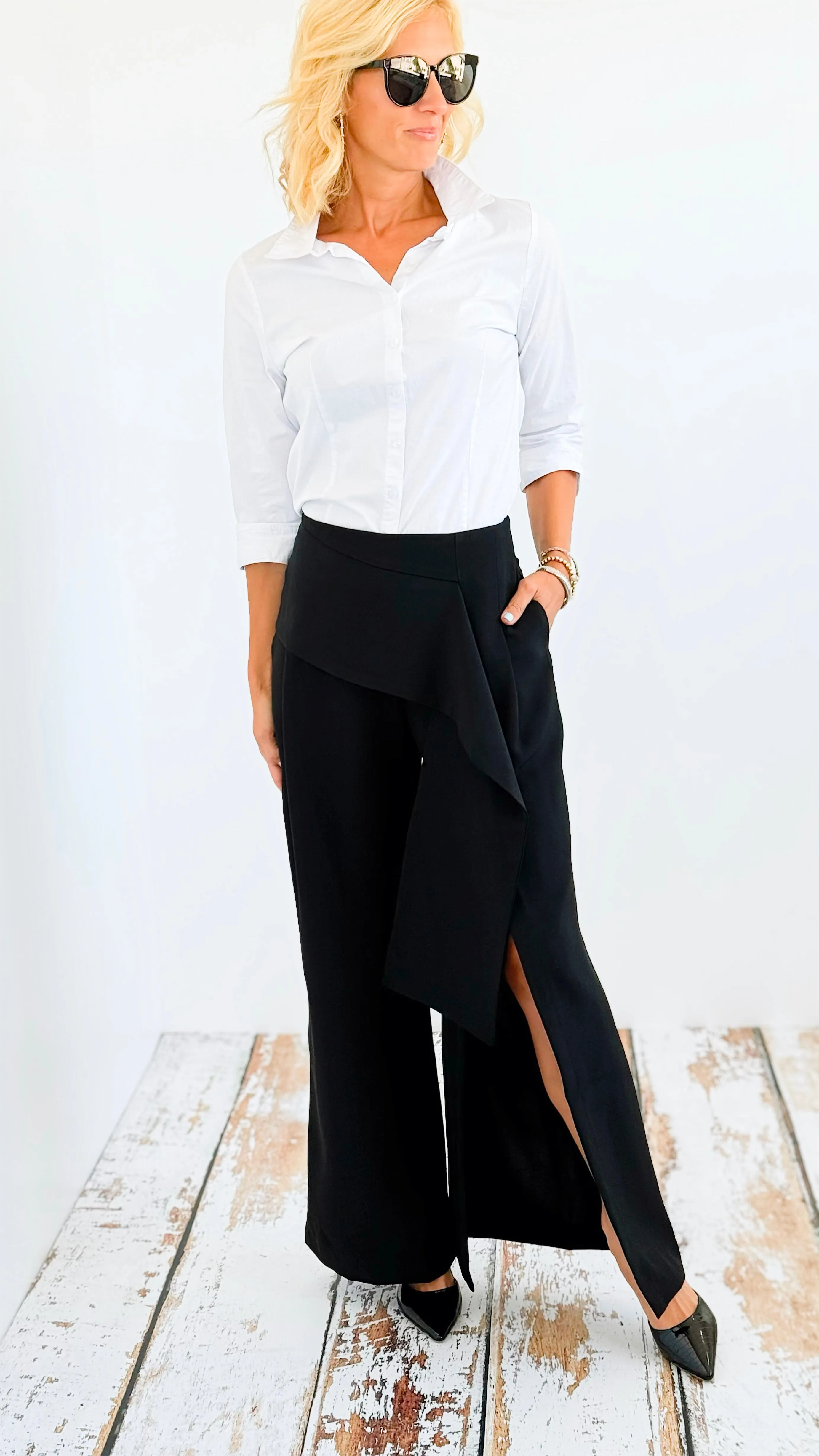 High Waisted Side Slit Pants - Black