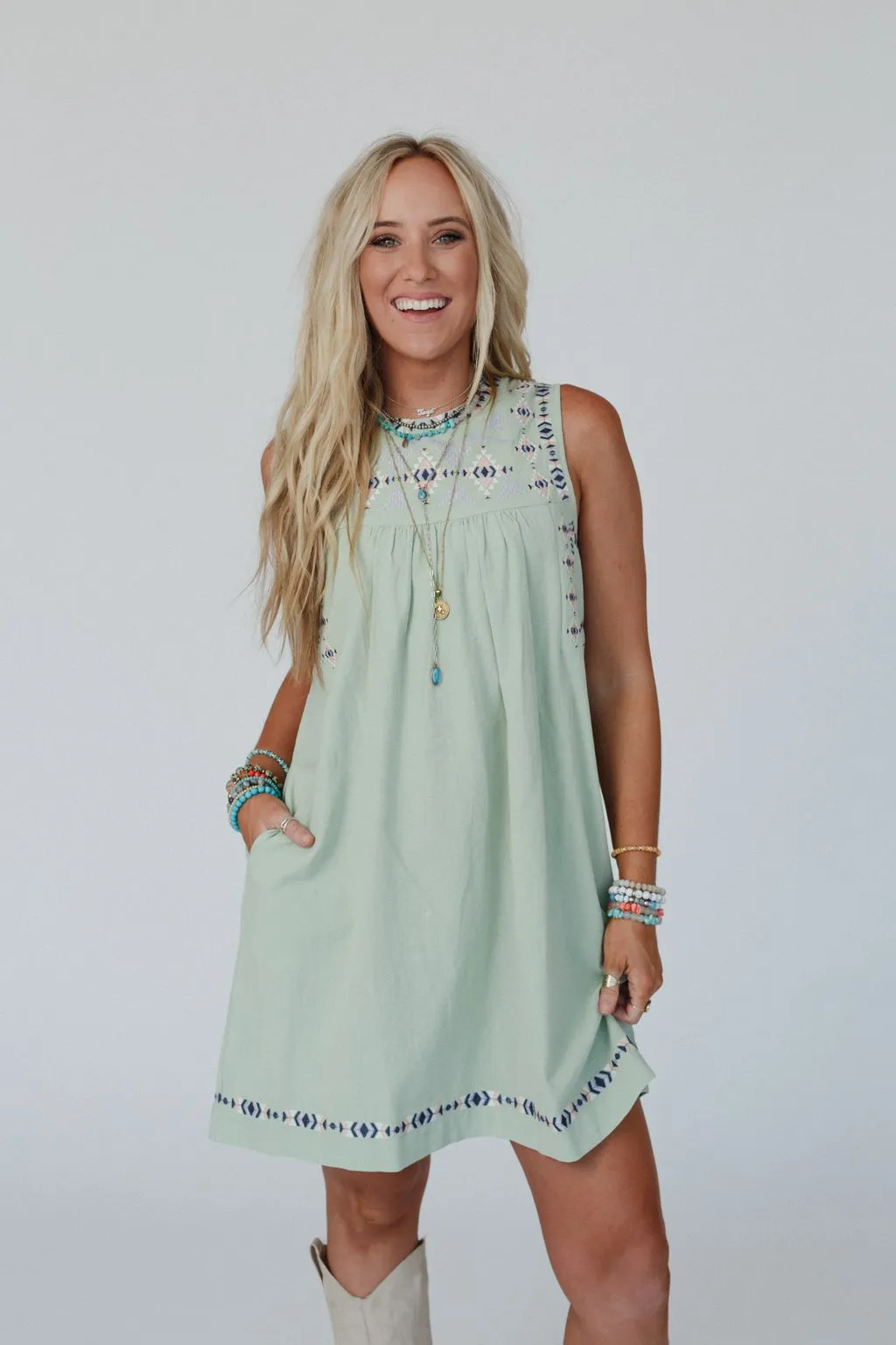 Honey Heart Embroidered Dress - Sage