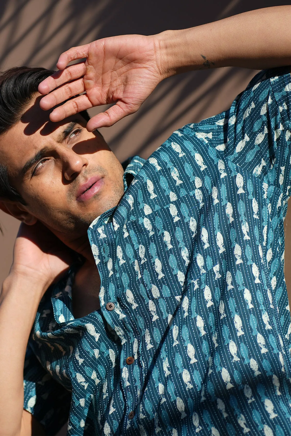 Indigo Fish Print Kantha Shirt, Half Sleeves | Style Matters