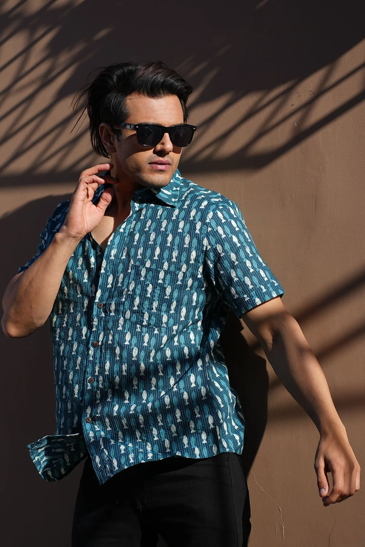 Indigo Fish Print Kantha Shirt, Half Sleeves | Style Matters