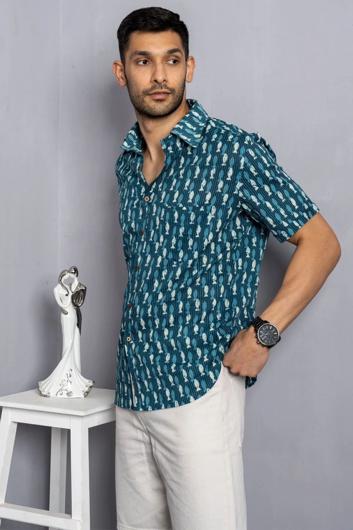 Indigo Fish Print Kantha Shirt, Half Sleeves | Style Matters