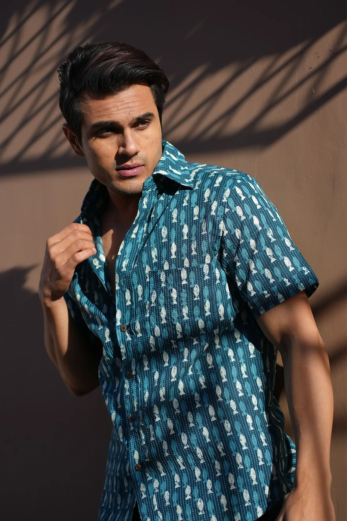 Indigo Fish Print Kantha Shirt, Half Sleeves | Style Matters