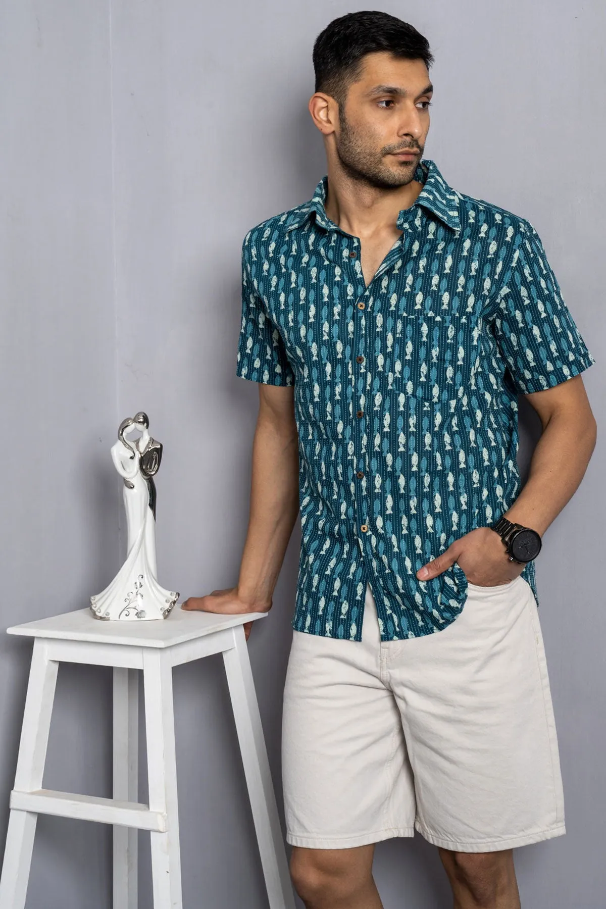 Indigo Fish Print Kantha Shirt, Half Sleeves | Style Matters