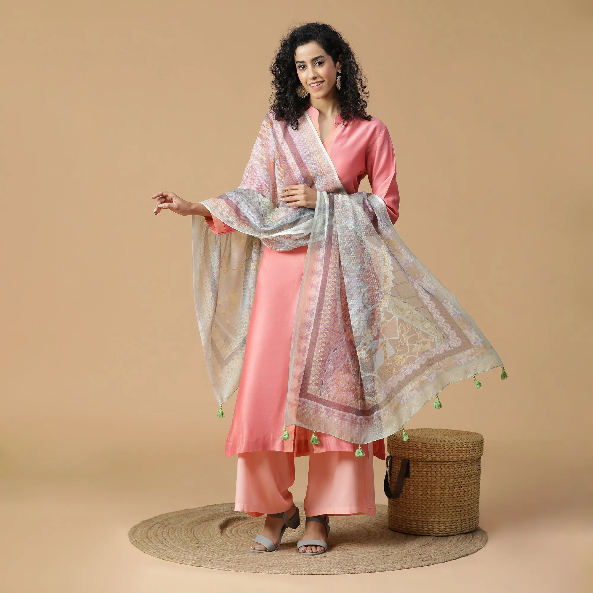 Kinjal: Azure Mix Tint Abstract Printed Cotton Silk Dupatta