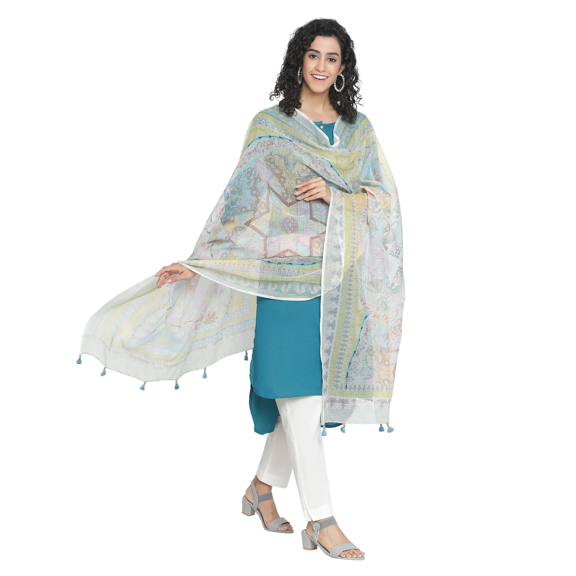 Kinjal: Azure Mix Tint Abstract Printed Cotton Silk Dupatta