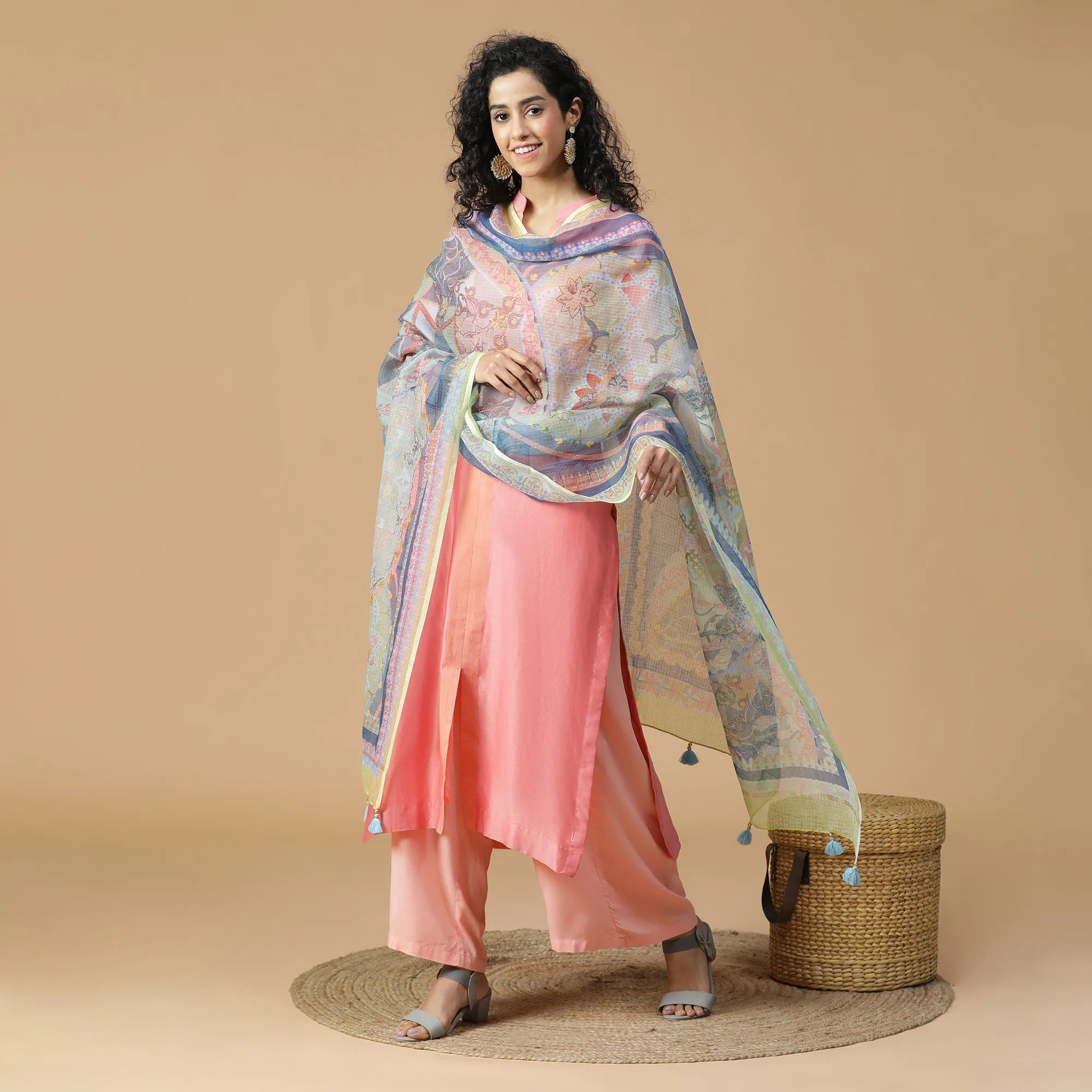 Kinjal: Azure Mix Tint Abstract Printed Cotton Silk Dupatta