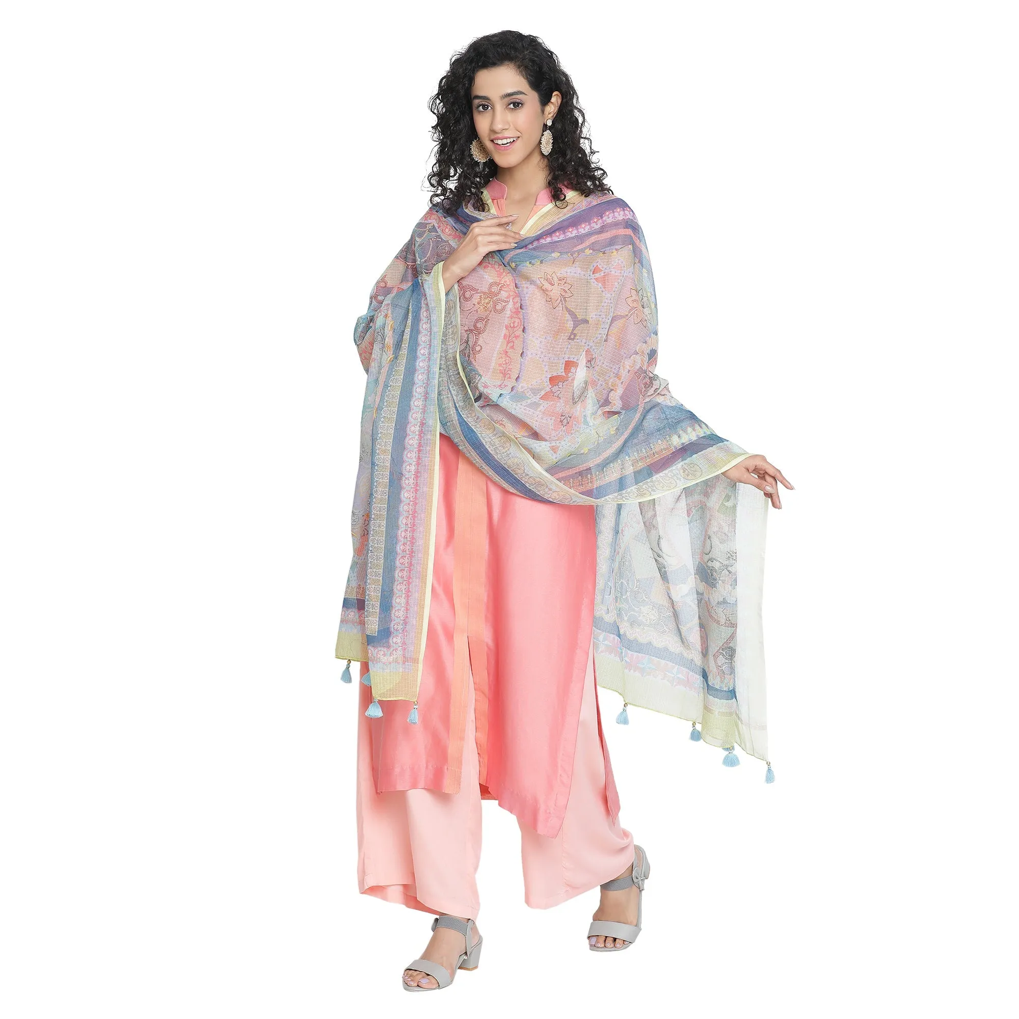 Kinjal: Azure Mix Tint Abstract Printed Cotton Silk Dupatta