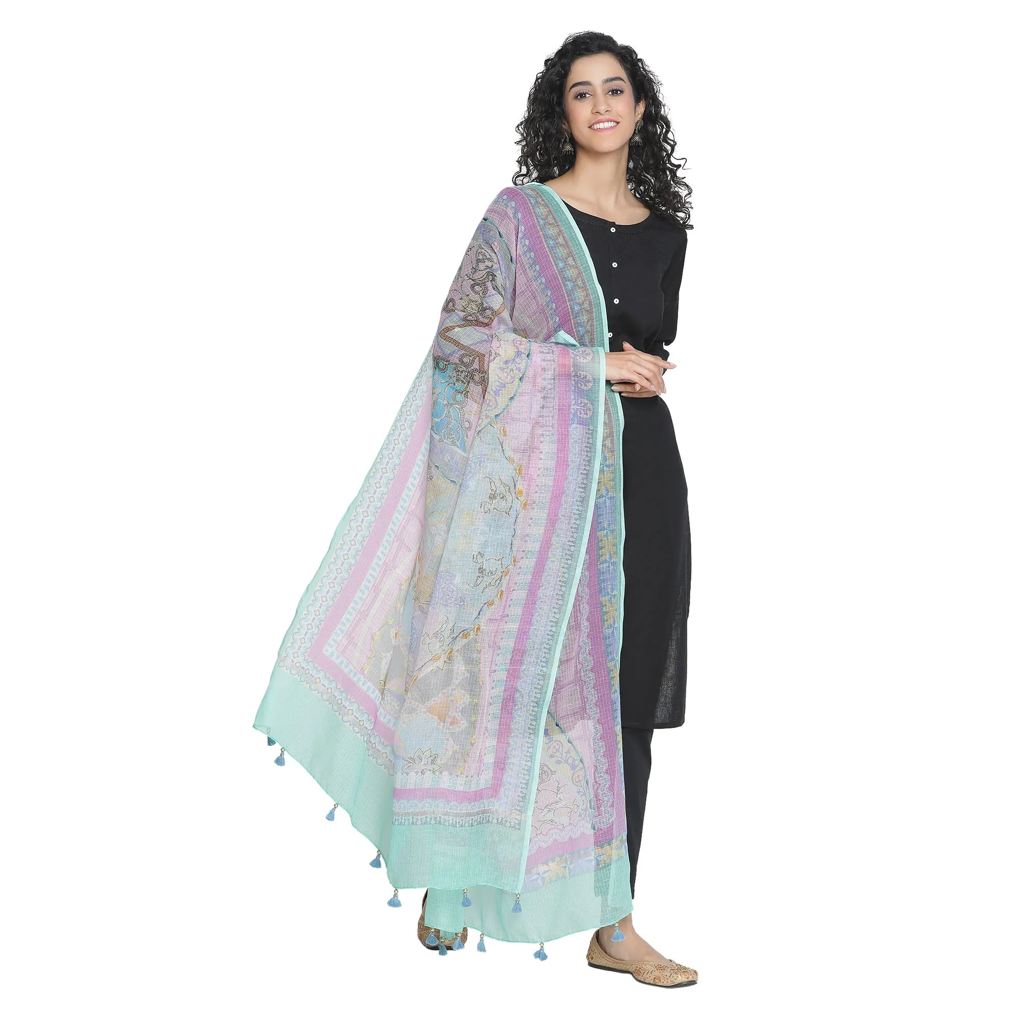 Kinjal: Azure Mix Tint Abstract Printed Cotton Silk Dupatta