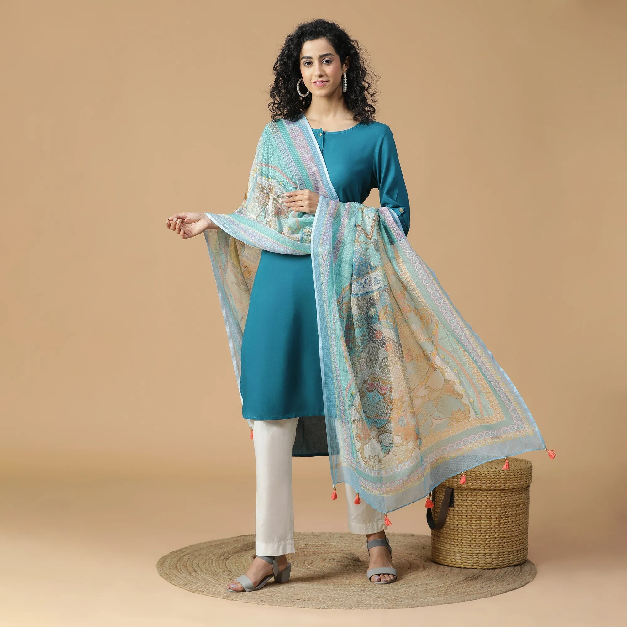 Kinjal: Azure Mix Tint Abstract Printed Cotton Silk Dupatta