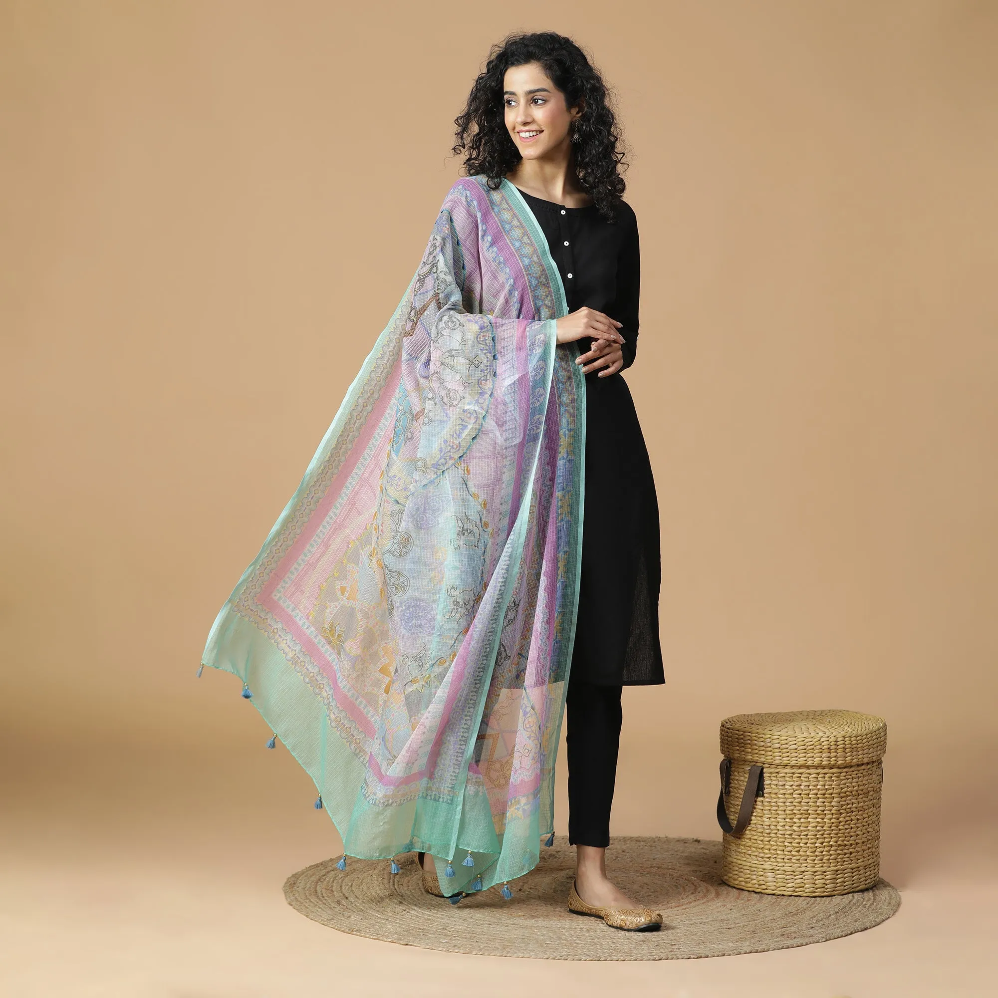 Kinjal: Azure Mix Tint Abstract Printed Cotton Silk Dupatta