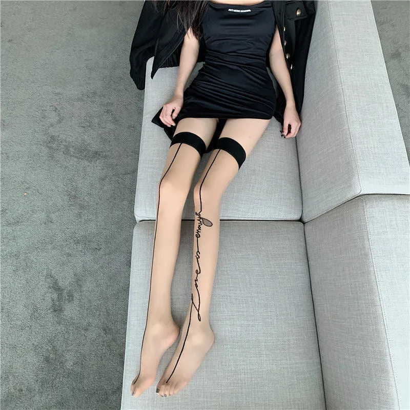 Ladies One Line Design Stockings, Sexy Exotic Women's Hosiery Jacquard Love Letters Stay Up Thigh High Silk Stockings Hose