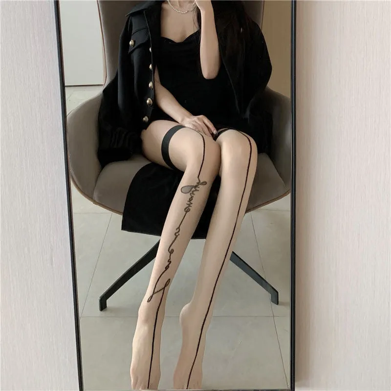 Ladies One Line Design Stockings, Sexy Exotic Women's Hosiery Jacquard Love Letters Stay Up Thigh High Silk Stockings Hose