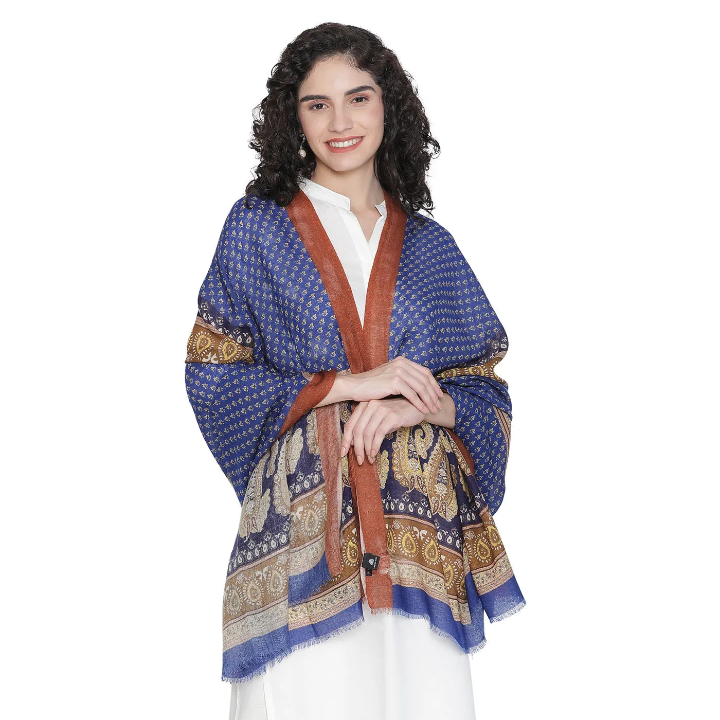 Line Paisley Pure Woolen Blue Printed Shawl