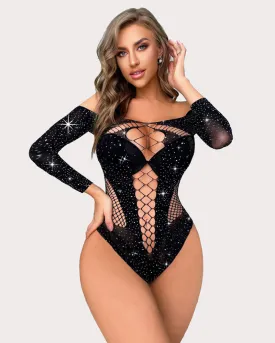 Long Sleeve Mesh Rhinestone Bodysuit Sparkle Fishnet Lingerie