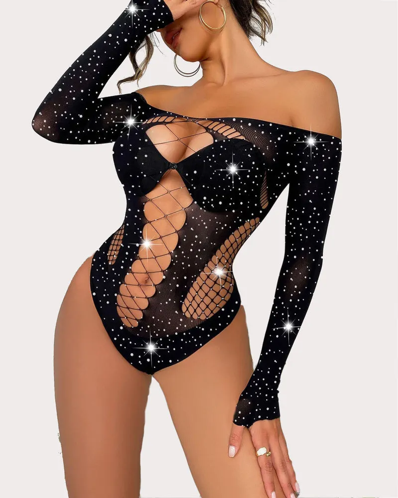 Long Sleeve Mesh Rhinestone Bodysuit Sparkle Fishnet Lingerie