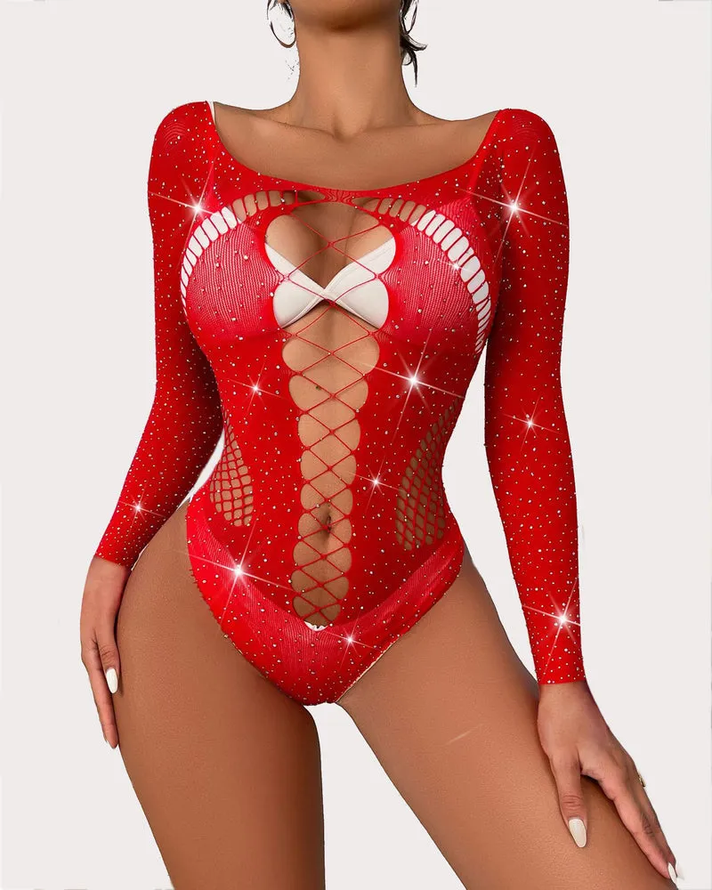 Long Sleeve Mesh Rhinestone Bodysuit Sparkle Fishnet Lingerie