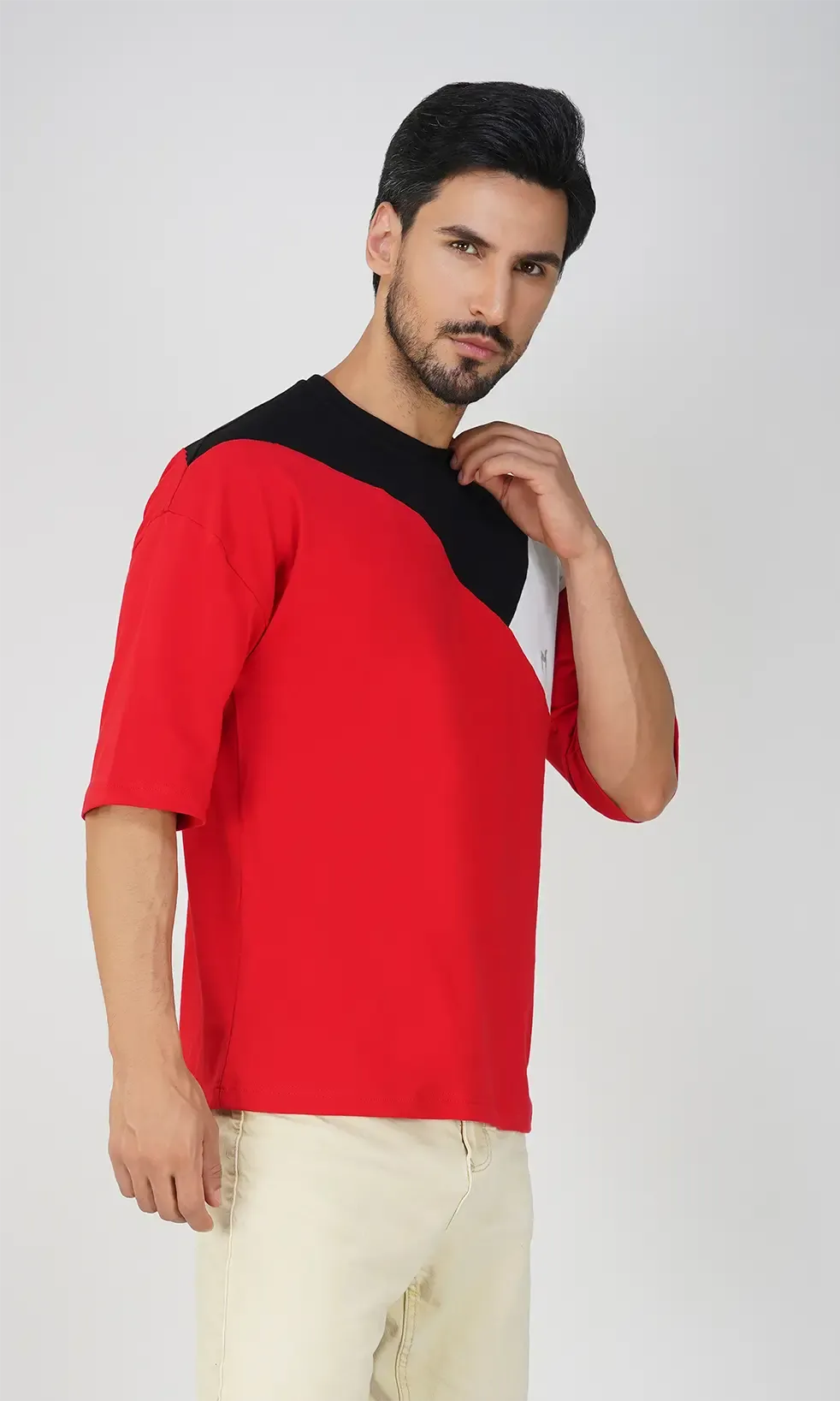 Mebadass Men's ColorBlocked OverSized Cotton T-shirts - Red & Black White