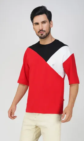 Mebadass Men's ColorBlocked OverSized Cotton T-shirts - Red & Black White