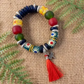 Multicolor Recycled Glass and Tassel Stretch Bracelet