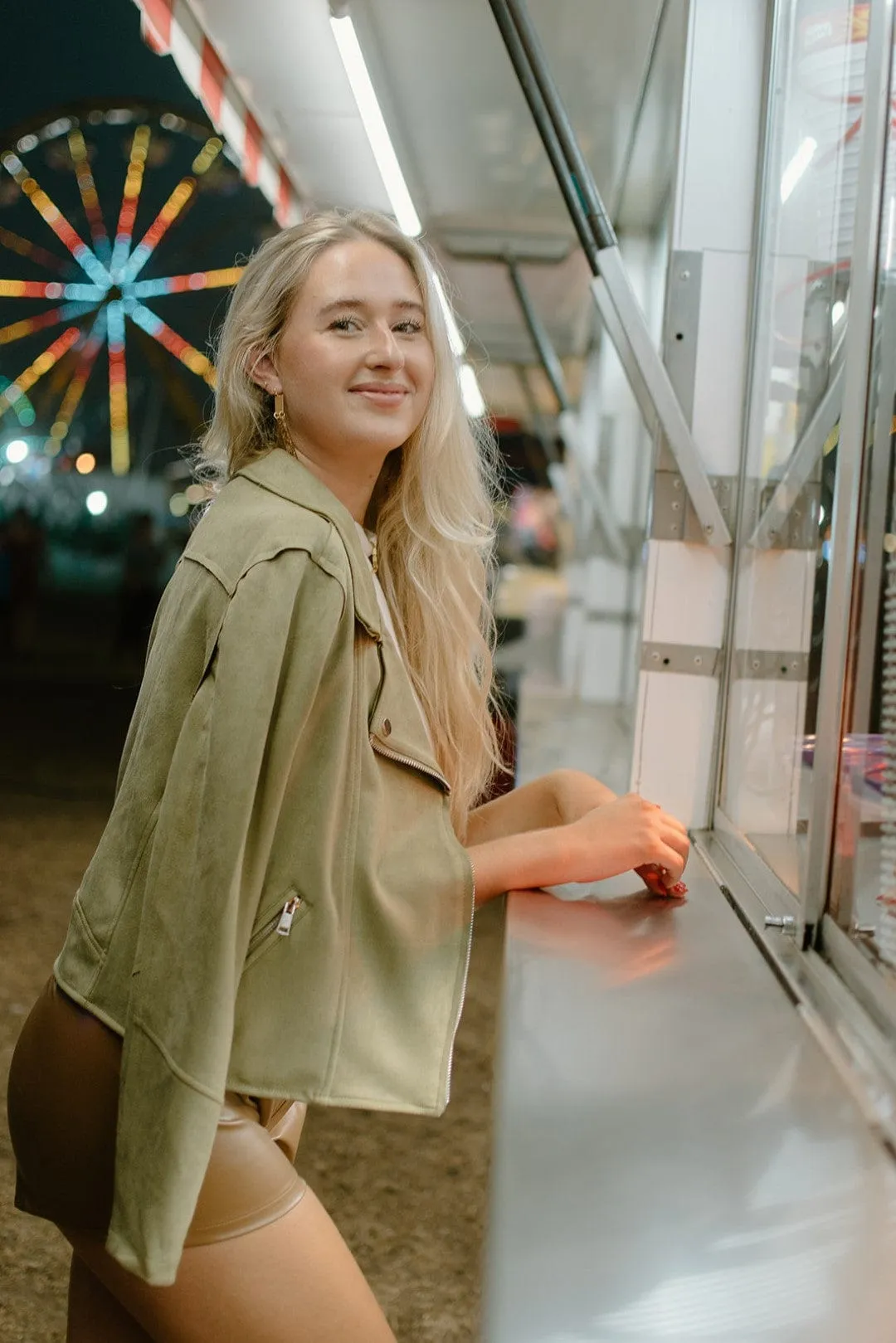 Olive Suede Collared Moto Jacket