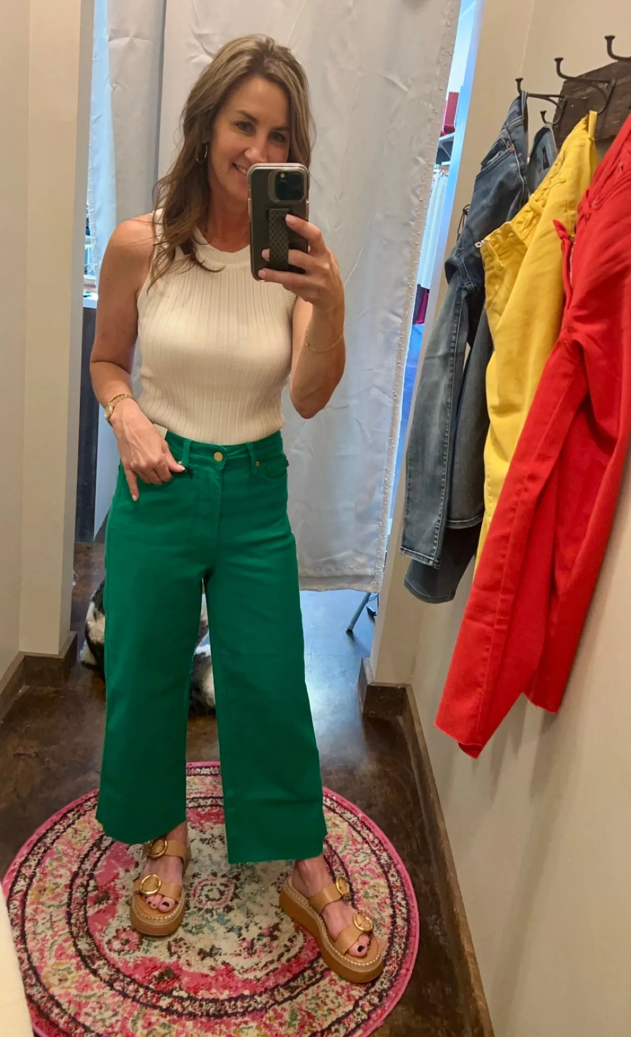 On The Bright Side Judy Blue Kelly Green High Waist Tummy Control Crop Wide Let Jeans 24" Inseam