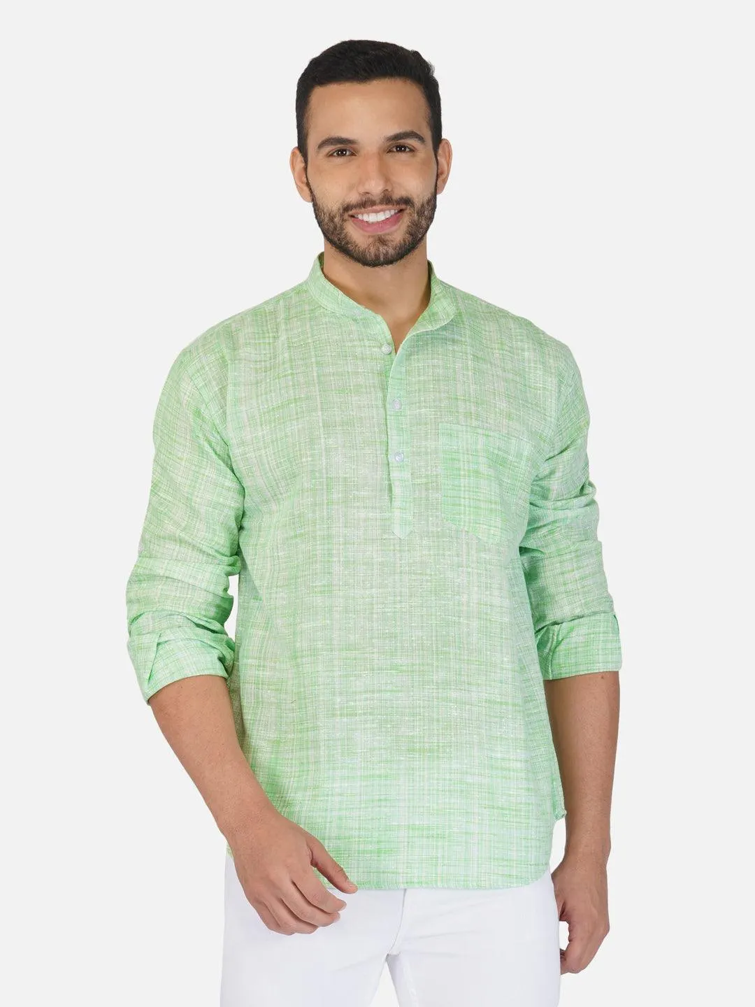 Pure Khadi Short Kurta in Light Green Color