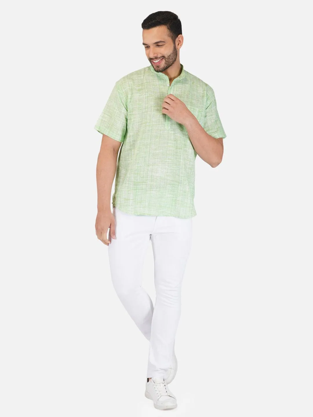 Pure Khadi Short Kurta in Light Green Color