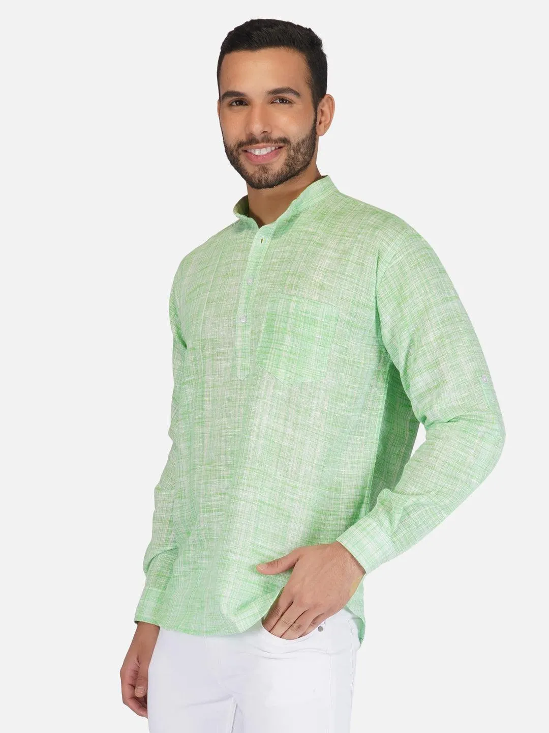 Pure Khadi Short Kurta in Light Green Color