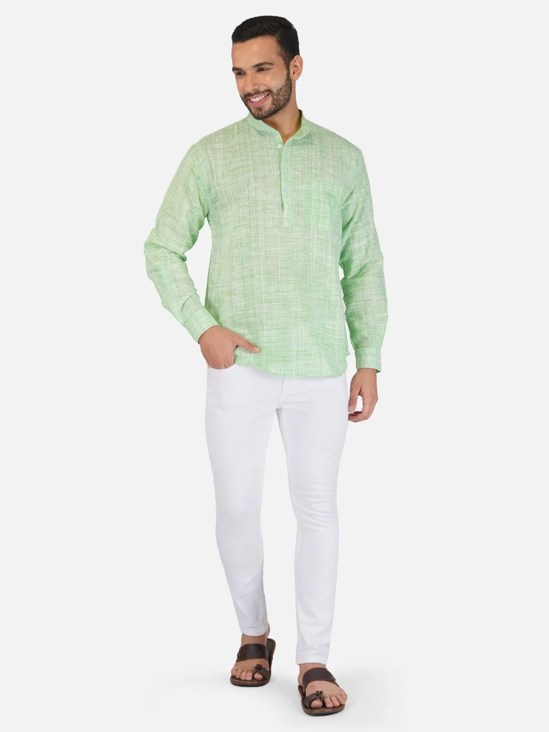 Pure Khadi Short Kurta in Light Green Color