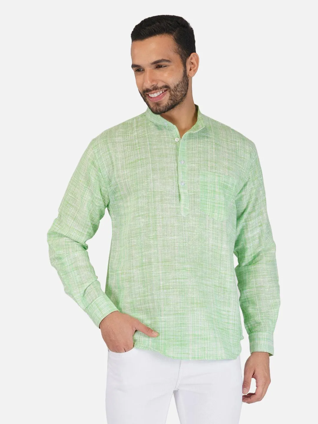 Pure Khadi Short Kurta in Light Green Color